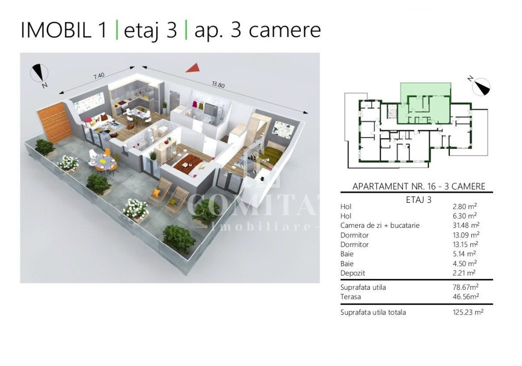 Apartament eficient compartimentat cu terasa generoasa